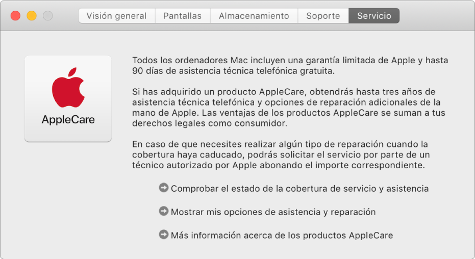 El panel Servicio de Información del Sistema, con las opciones de servicio de AppleCare.