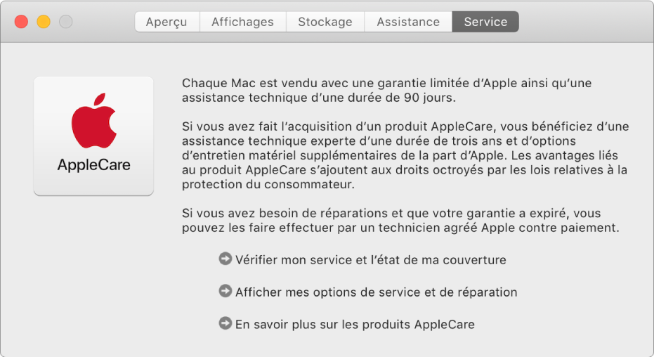 La sous-fenêtre Service d’Informations système, affichant les options de service AppleCare.