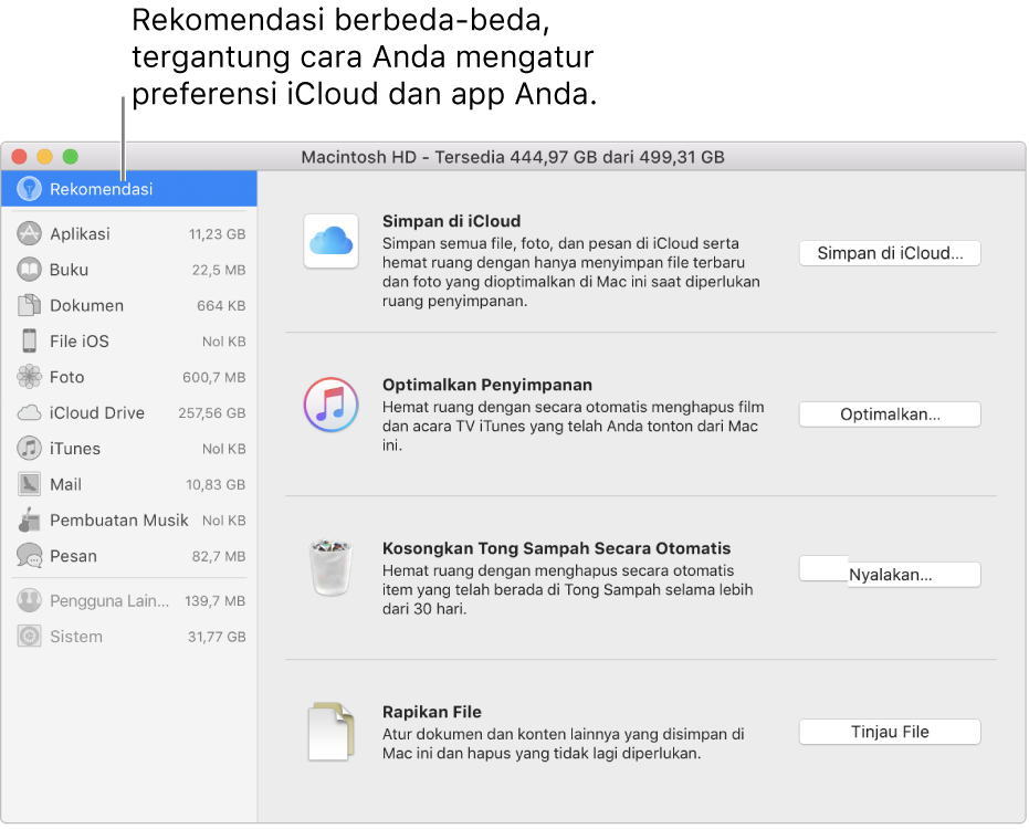Optimalkan rekomendasi penyimpanan di panel Penyimpanan.