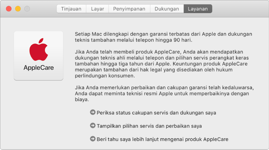 Panel Layanan di Informasi Sistem, menampilkan pilihan layanan AppleCare.