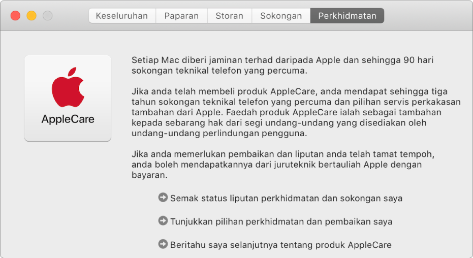 Anak tetingkap Perkhidmatan dalam Maklumat Sistem menunjukkan pilihan perkhidmatan AppleCare.