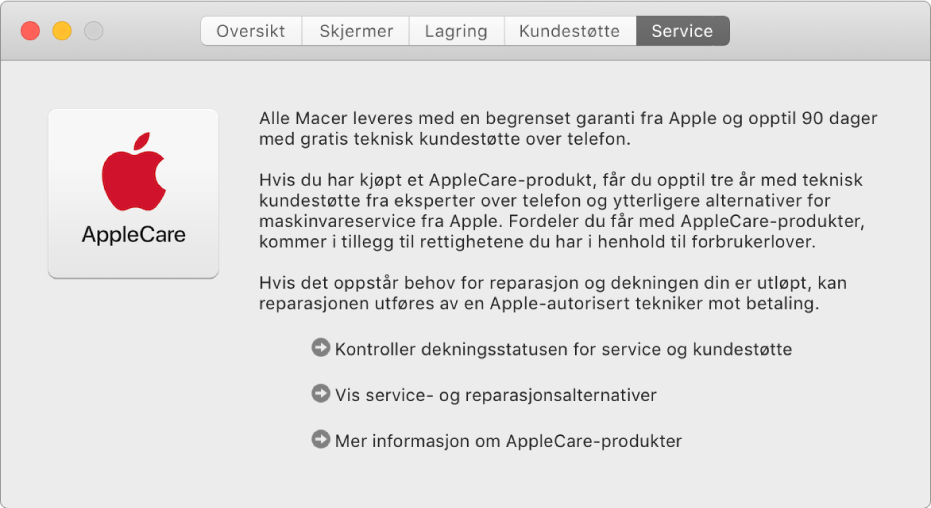Service-panelet i Systeminformasjon, som viser servicevalgene for AppleCare.