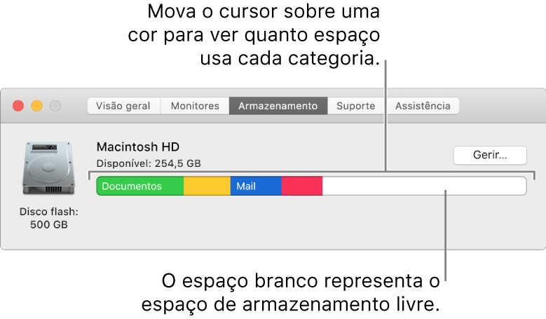 Coloque o cursor sobre uma cor para visualizar a quantidade de espaço utilizada por cada categoria. O espaço em branco representa o espaço de armazenamento livre.