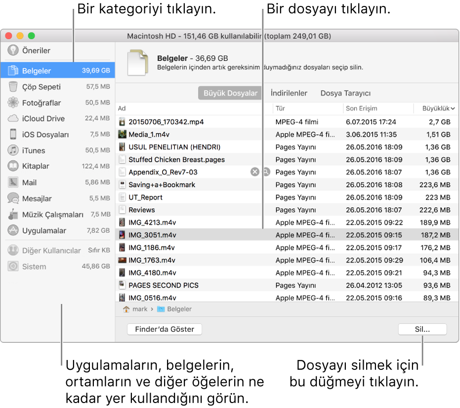 Ne kadar alan kullanıldığını görmek, dosyaları bulmak ve artık ihtiyacınız olmayan dosyaları silmek için dosya kategorilerinde sıralama yapın.