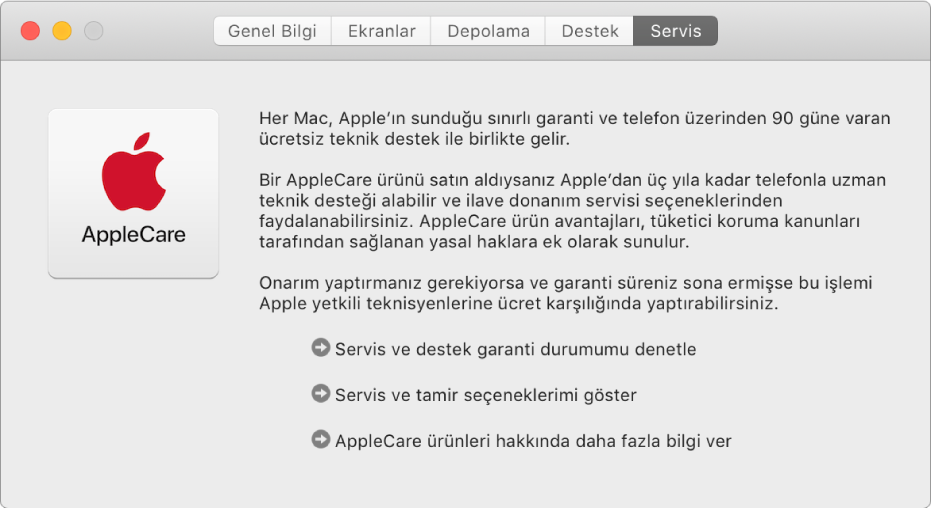 Sistem Bilgileri’nde Servis bölümünde AppleCare servis seçenekleri gösteriliyor.