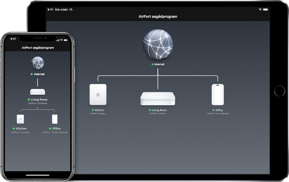 Az AirPort segédprogram grafikus áttekintése iOS rendszerben.