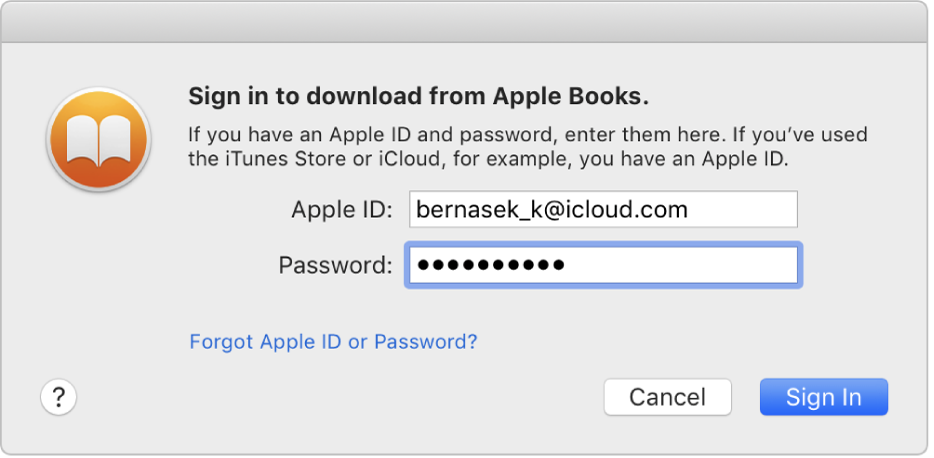 The dialog to sign in using an Apple ID and password.
