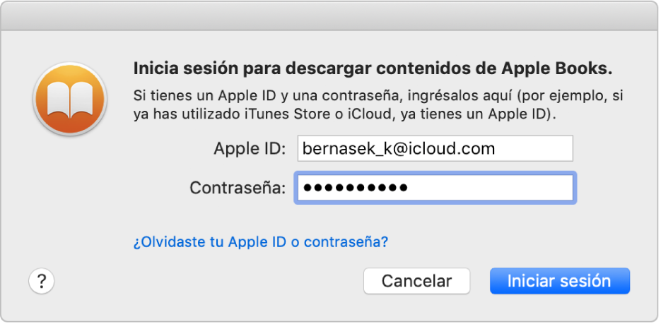 El cuadro de diálogo para iniciar sesión usando un Apple ID y contraseña.