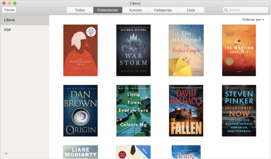La vista Colecciones de la biblioteca de la app Libros con Todos, Libros y PDF en la lista de colecciones de la izquierda