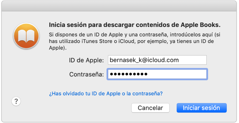 Cuadro de diálogo para iniciar sesión con el ID de Apple y la contraseña.