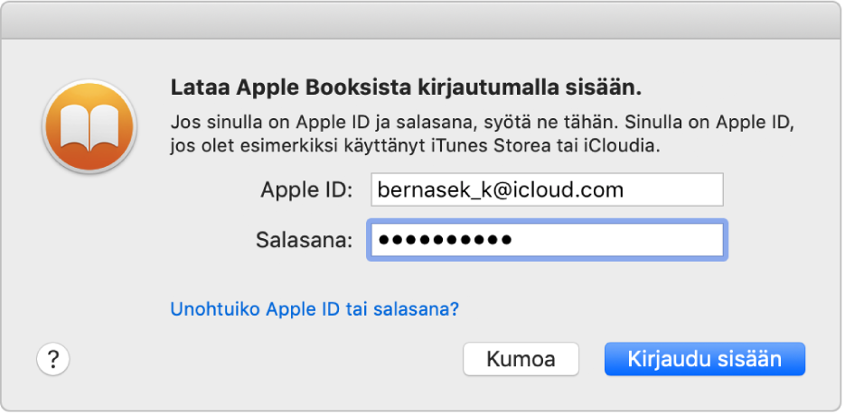 Valintaikkuna Apple ID:llä ja salasanalla kirjautumista varten.