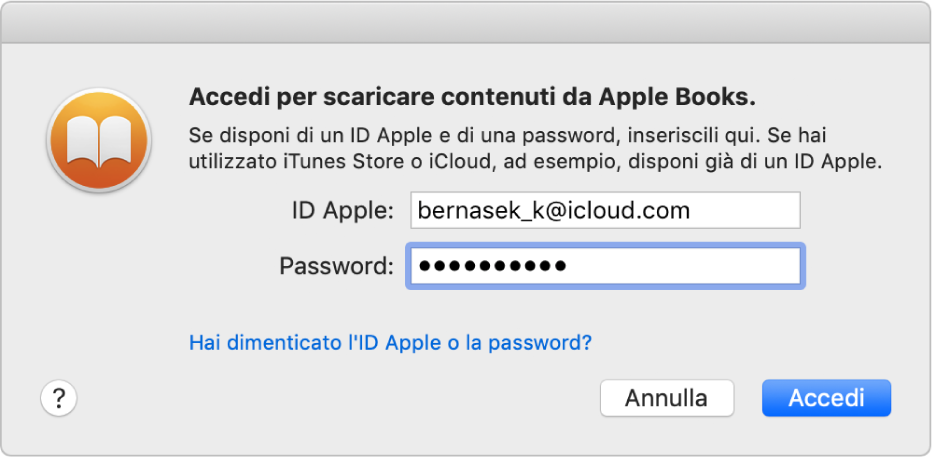 La finestra di dialogo per accedere utilizzando un ID Apple e una password.