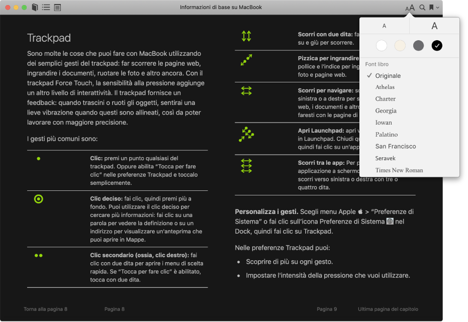 Un libro con una visualizzazione personalizzata e il menu relativo all'aspetto che mostra i valori selezionati per la dimensione del testo, il colore di sfondo e il font.