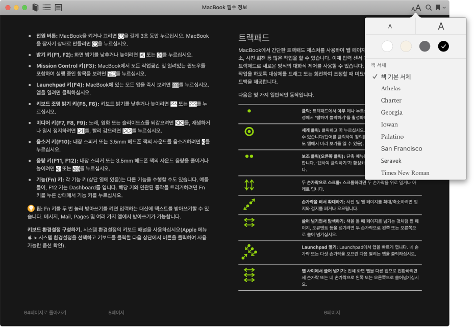 선택한 텍스트 크기, 배경 색상 및 서체를 보여주는 모양새 메뉴와 사용자화된 모양의 책.