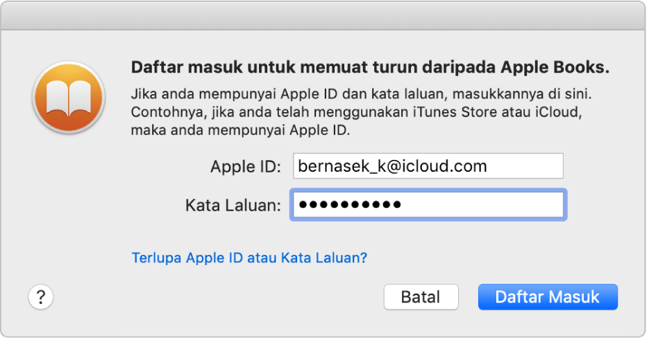 Dialog untuk daftar masuk menggunakan Apple ID dan kata laluan.