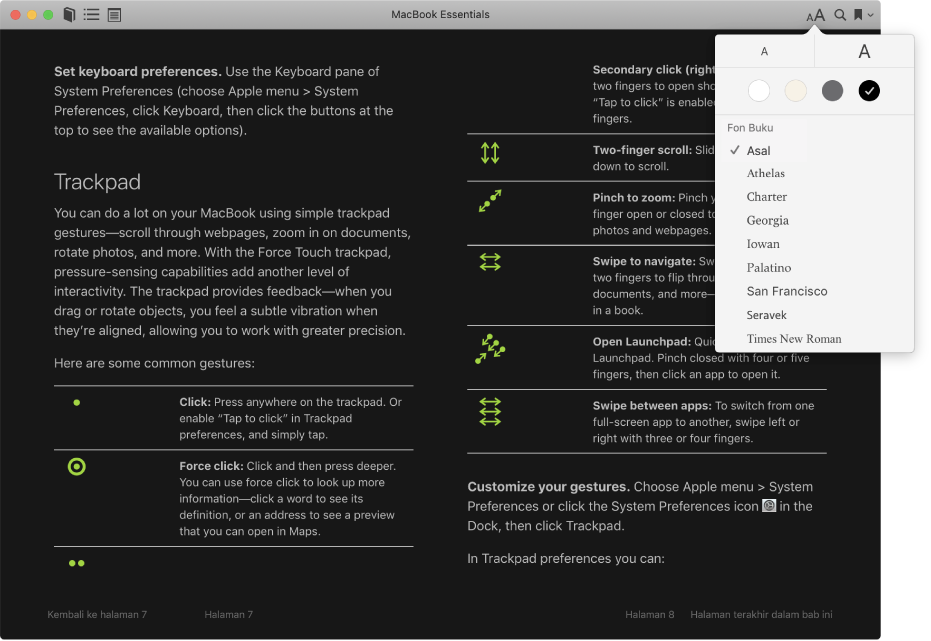 Buku dengan penampilan disesuaikan dan menu Penampilan menunjukkan saiz teks, warna latar belakang dan fon dipilih.