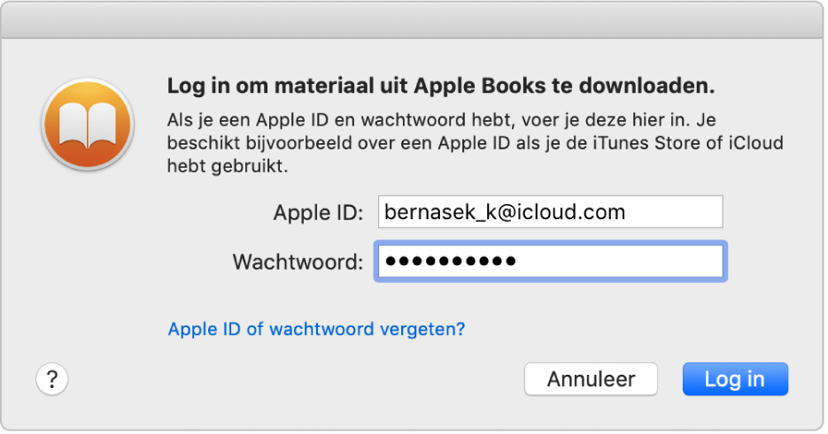 Het dialoogvenster waarmee je inlogt met een Apple ID en wachtwoord.
