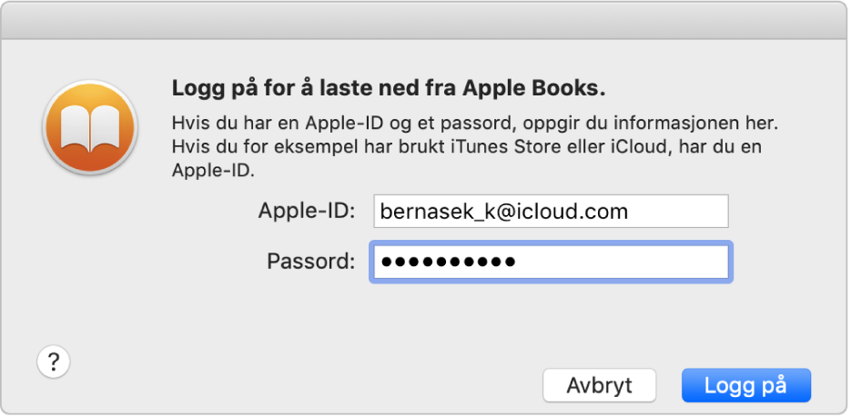 Dialogruten for å logge på med Apple-ID og passord.
