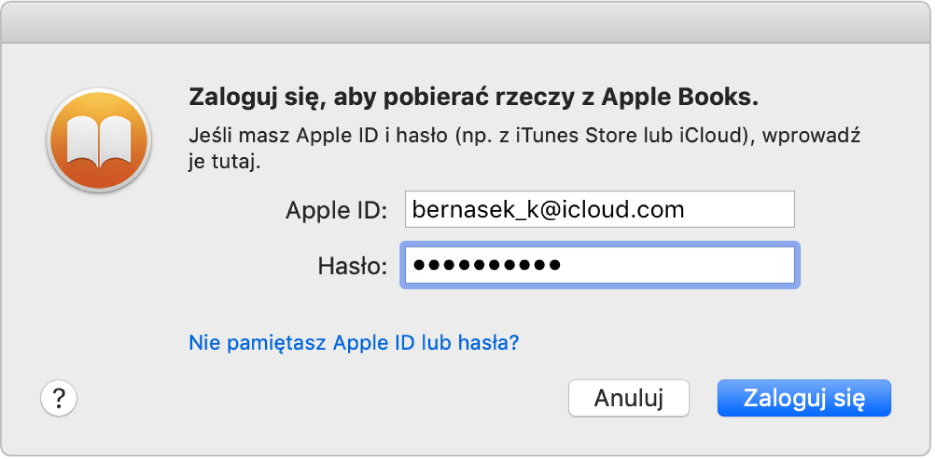 Okno dialogowe, pozwalające na zalogowanie się przy użyciu Apple ID i hasła.