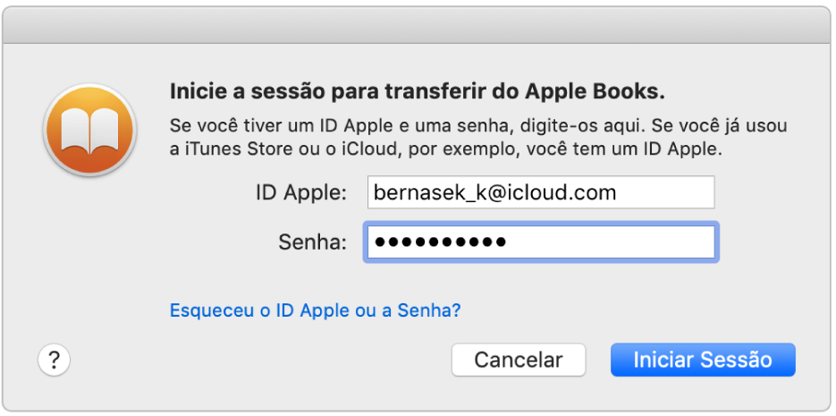 Caixa de diálogo para iniciar uma sessão com o ID Apple e a senha.