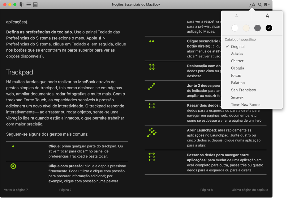 Um livro com uma apresentação personalizada e o menu Apresentação a mostrar o tamanho do texto, a cor de fundo e o tipo de letra selecionados.