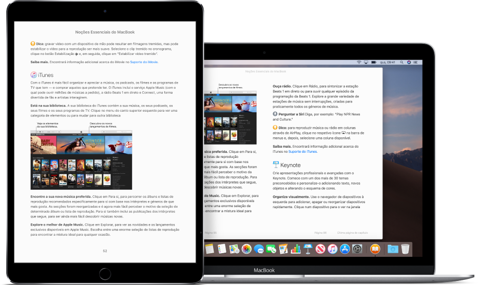 Um livro na mesma página na aplicação Livros num iPad e num Mac.