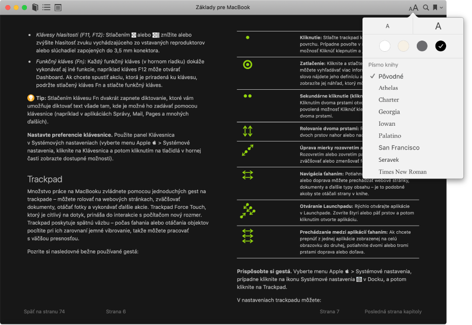 Kniha s prispôsobeným vzhľadom a menu Vzhľad znázorňujúce vybranú veľkosť písma, farbu pozadia a písmo.