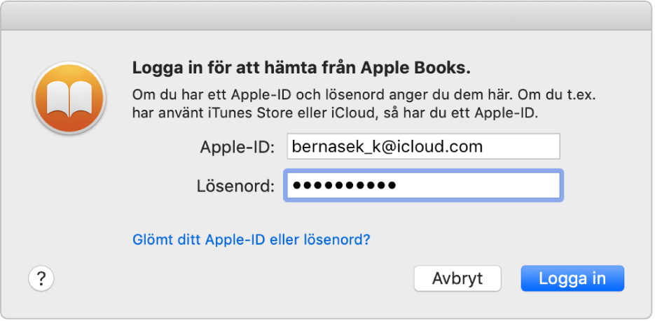 Dialogrutan för inloggning med ett Apple-ID och lösenord.