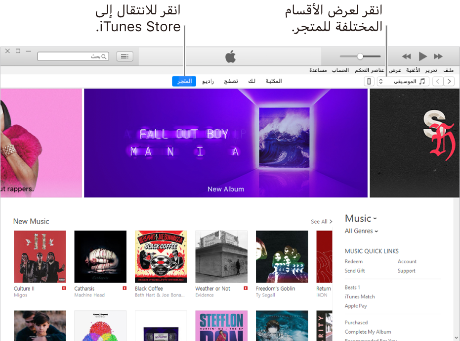 نافذة iTunes Store الرئيسية: في شريط التنقل، يتم تمييز المتجر. في الزاوية العليا اليسرى، اختر لعرض محتوى مختلف في المتجر (مثل الموسيقى أو التلفاز)