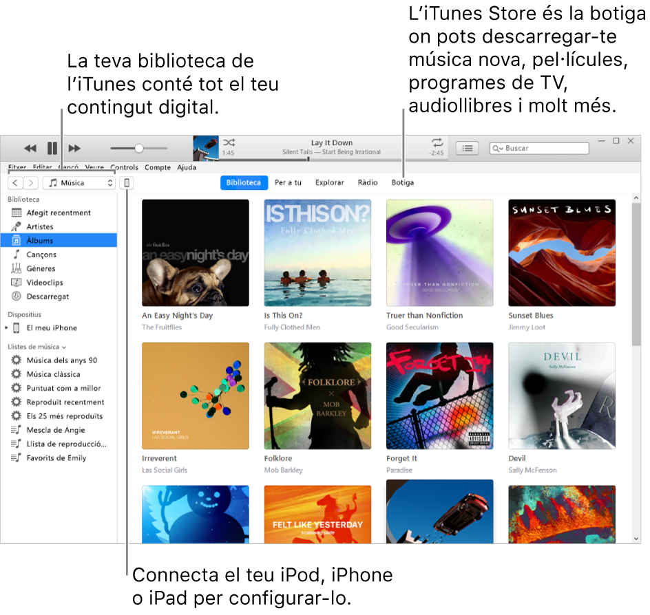 Visualització de la finestra de l’iTunes: La finestra de l’iTunes té dos taulers. A l’esquerra hi ha la barra lateral Biblioteca, on es troben tots els teus continguts digitals. A la dreta, a l’àrea de continguts més gran, es pot veure una selecció d’allò que t’interessa; per exemple, anar a la biblioteca o a la pàgina “Per a tu”, explorar música i vídeos nous a l’iTunes o visitar l’iTunes Store per descarregar música, pel·lícules, programes de TV, audiollibres, etc. A la part superior dreta de la barra lateral Biblioteca hi ha el botó Dispositiu, que mostra si has connectat l’iPod, l’iPhone o l’iPad al PC.