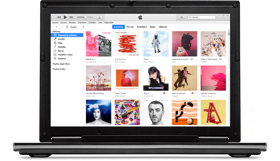 Okno iTunes s knihovnou obsahující mnoho alb