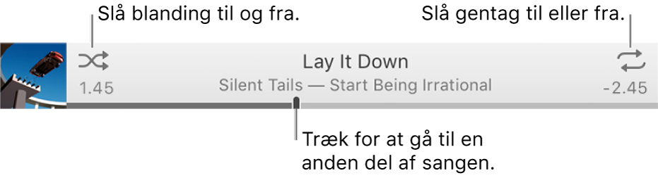 Banneret med en sang, der afspilles. Knappen Bland er i øverste venstre hjørne, og knappen Gentag er i øverste højre hjørne. Træk spillelinjen for at gå til en anden del af sangen.