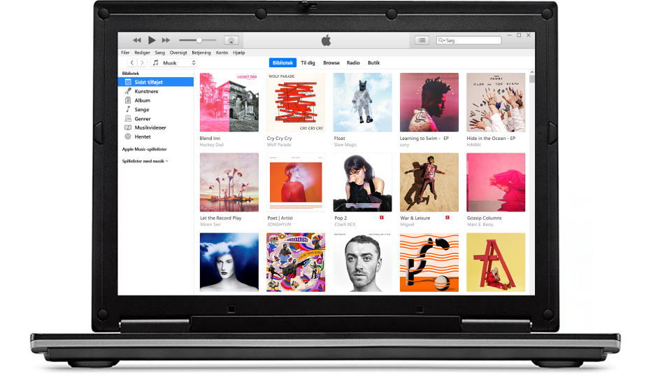 iTunes-vinduet med et bibliotek med flere album.