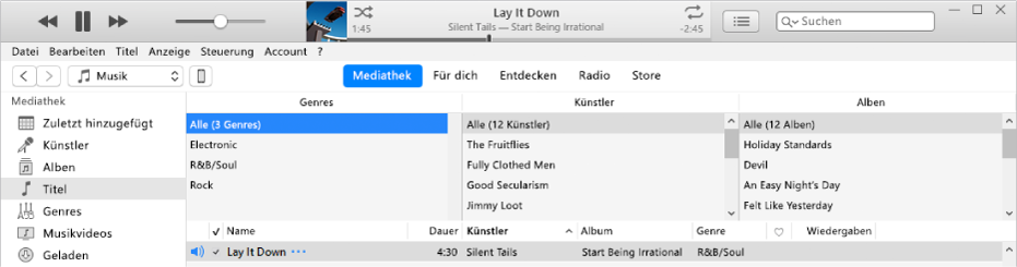 Das iTunes-Hauptfenster: Der Spaltenbrowser wird rechts neben der Seitenleiste und über der Titelliste angezeigt.