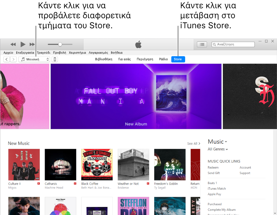 Το κύριο παράθυρο του iTunes Store: Στη γραμμή πλοήγησης, το Store είναι επισημασμένο. Στην επάνω αριστερή γωνία, επιλέξτε την προβολή διαφορετικού περιεχομένου στο Store (όπως Μουσική ή Εκπομπές).