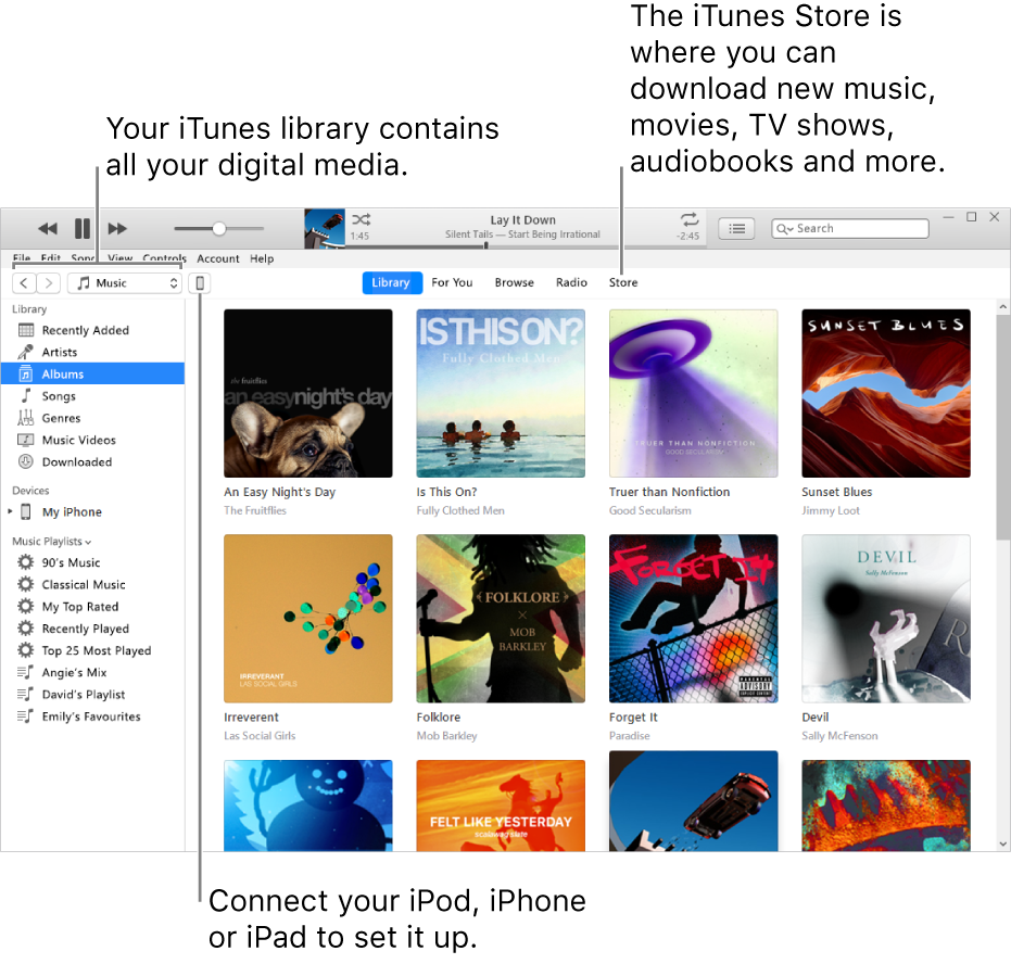 View of the iTunes window: The iTunes window has two panes. On the left is the Library sidebar, which contains all your digital media. On the right, in the larger content area, you can view a selection you’re interested in—for example, visit your library or your For You page, browse new iTunes music and video, or visit the iTunes Store to download new music, movies, TV shows, audiobooks and more. To the upper right of the Library sidebar is the Device button, which shows that your iPod, iPhone or iPad is connected to your PC.