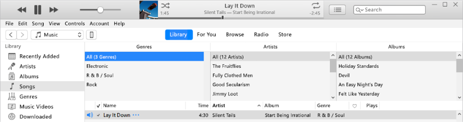 The iTunes main window: The column browser appears to the right of the sidebar and above the list of songs.