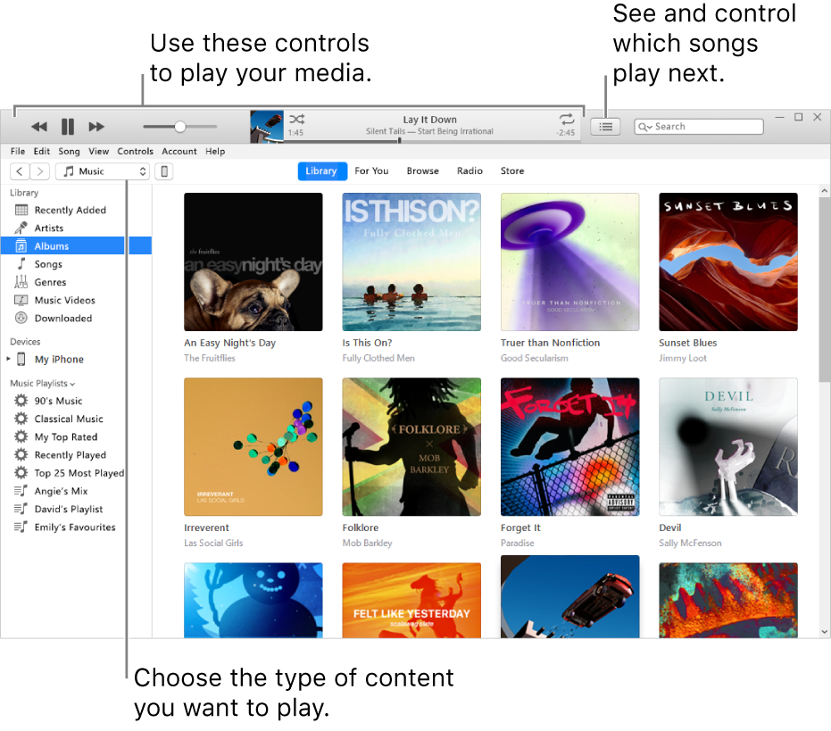 The iTunes Library main window: In the navigator, choose the type of media to play (such as Music). Use the controls in the banner at the top to play your media, and use the Up Next pop-up menu on the right to view your library in different ways.
