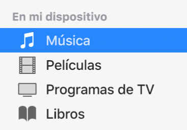La sección "En mi dispositivo" de la barra lateral mostrando la opción Música seleccionada.