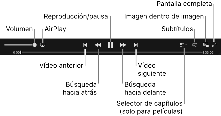 Controles de vídeo: volumen, AirPlay, vídeo anterior, búsqueda hacia atrás, reproducción/pausa, búsqueda hacia delante, vídeo siguiente, selector de capítulos (solo para películas), subtítulos, imagen dentro de imagen y pantalla completa.