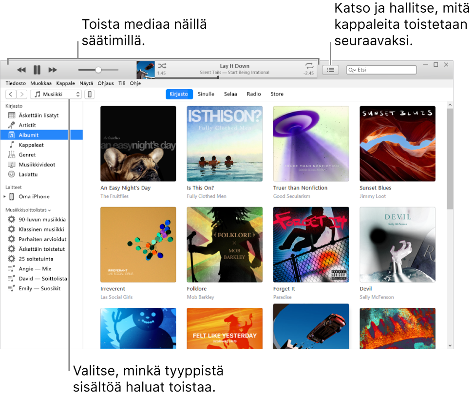 iTunes-kirjaston pääikkuna: Valitse selauspalkista toistettavan median tyyppi (esimerkiksi Musiikki). Voit toistaa mediaa näytön yläosan säätimillä ja tarkastella kirjastoa eri tavoin oikeanpuoleisesta Seuraavaksi-ponnahdusvalikosta.
