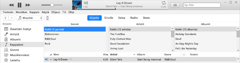 iTunesin pääikkuna: Sarakeselain sijaitsee sivupalkin oikealla puolella ja kappalelistan yläpuolella.