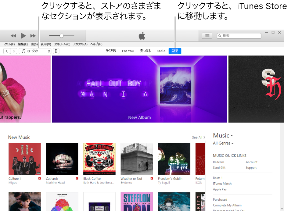 iTunes Storeのメインウィンドウ:  ナビゲーションバーで「ストア」が強調表示されています。左上隅で、「音楽」や「テレビ番組」などのさまざまなコンテンツを選択して表示できます。