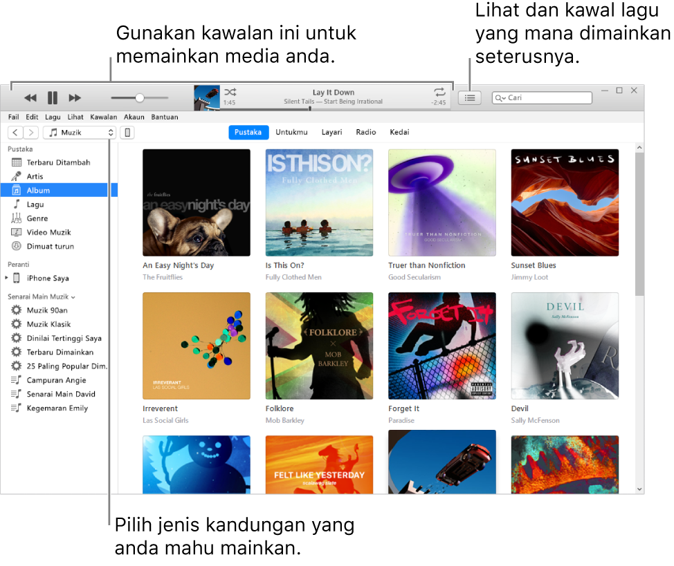 Tetingkap utama Pustaka iTunes: Dalam penavigasi, pilih jenis media untuk dimainkan (seperti Muzik). Gunakan kawalan dalam sepanduk di bahagian atas untuk memainkan media anda dan gunakan menu timbul Seterusnya di sebelah kanan untuk melihat pustaka anda dengan cara berlainan.
