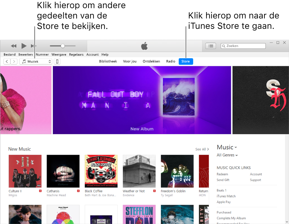 Het hoofdvenster van de iTunes Store: 'Store' is gemarkeerd in de navigatiebalk. In de linkerbovenhoek kun je ervoor kiezen om andere inhoud (zoals 'Muziek' of 'Tv') in de Store weer te geven.