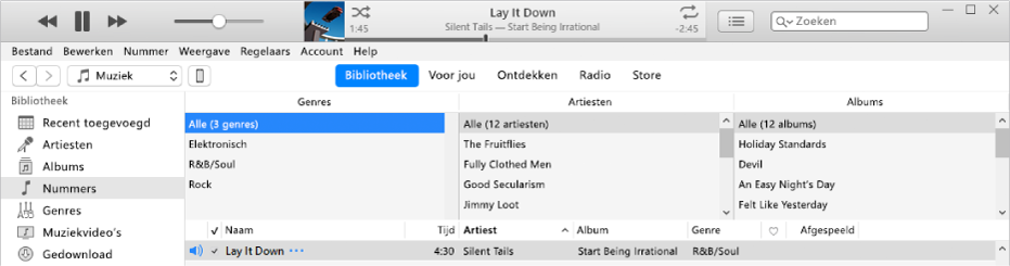 Het hoofdvenster van iTunes: De kolombrowser verschijnt aan de rechterkant van de navigatiekolom, boven de lijst met nummers.