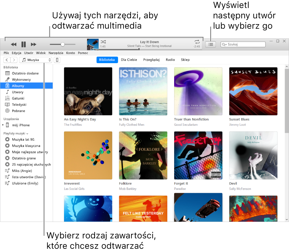 Okno główne biblioteki iTunes: W nawigatorze wybierz typ multimediów, które chcesz odtwarzać (na przykład Muzyka). Używaj tych narzędzi na górnym banerze do odtwarzania swoich multimediów i używaj menu Następny po prawej stronie do wyświetlania biblioteki na różne sposoby.

