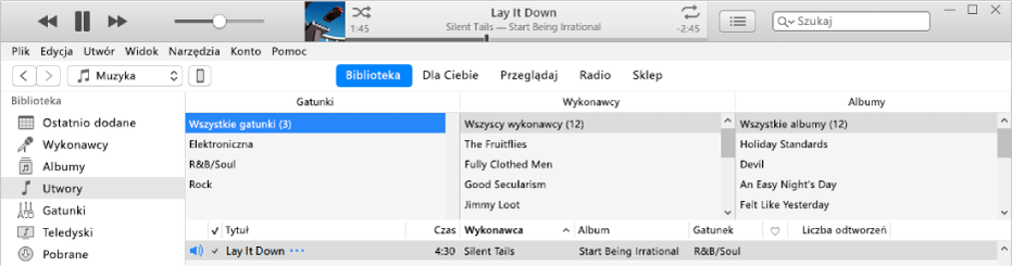 Okno główne iTunes: Przeglądarka kolumnowa znajduje się na prawo od paska bocznego oraz nad playlistą.
