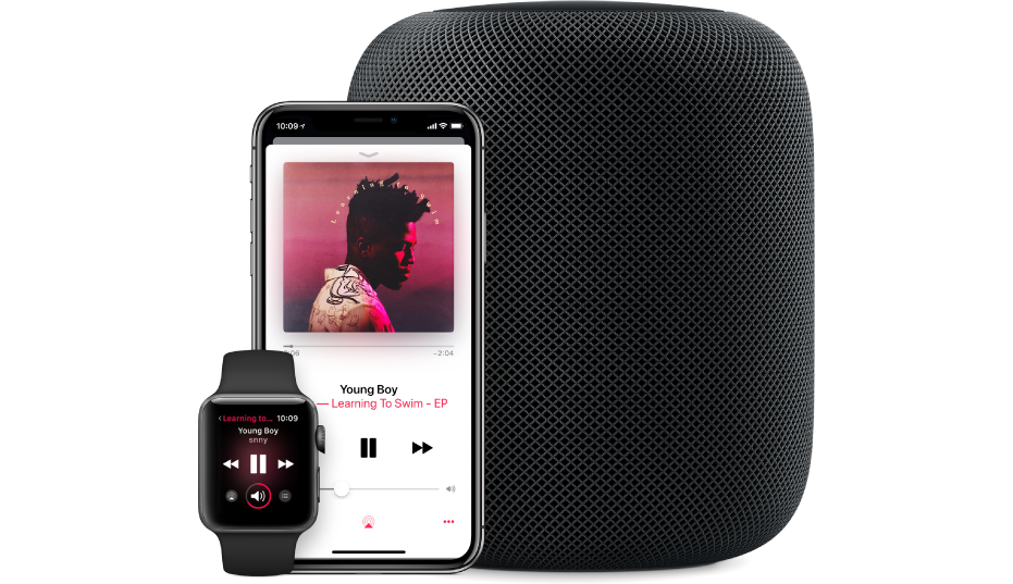 Visualização de uma música no Apple Music sendo reproduzida em um Apple Watch, iPhone e HomePod.