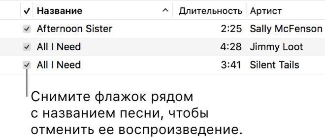 Подробные сведения в режиме просмотра «Песни» с флажками слева. Снимите флажок рядом с песней, чтобы предотвратить ее воспроизведение.